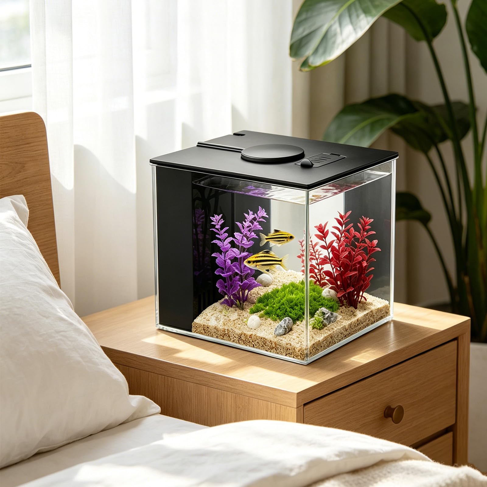 Betta Aquarium Komplettset, 3,7L Kleines Mini Aquarium aus Acryl, Schwarz | mit Filterpumpe und Eingebautem Filtersystem, LED-Beleuchtung, ideal für kleine Fische, Garnelen und Pflanzen,ohne Batterie