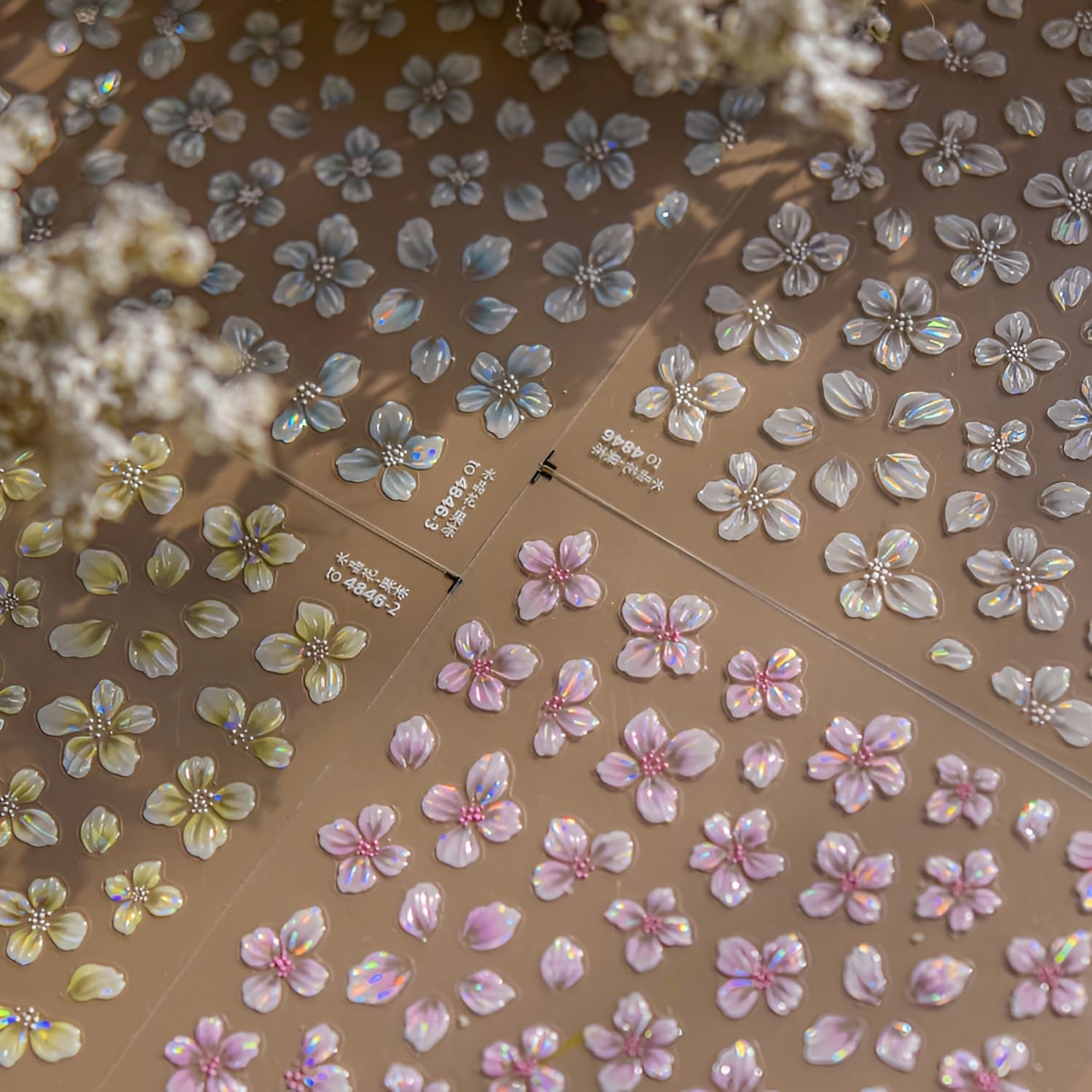 4 Sheets Flower Nail Art Stickers 5D Embossed Yellow Blue Pink White Flower Nail Decals Summer Spring Nail Stickers for Nail Art Floral Nails Supplies