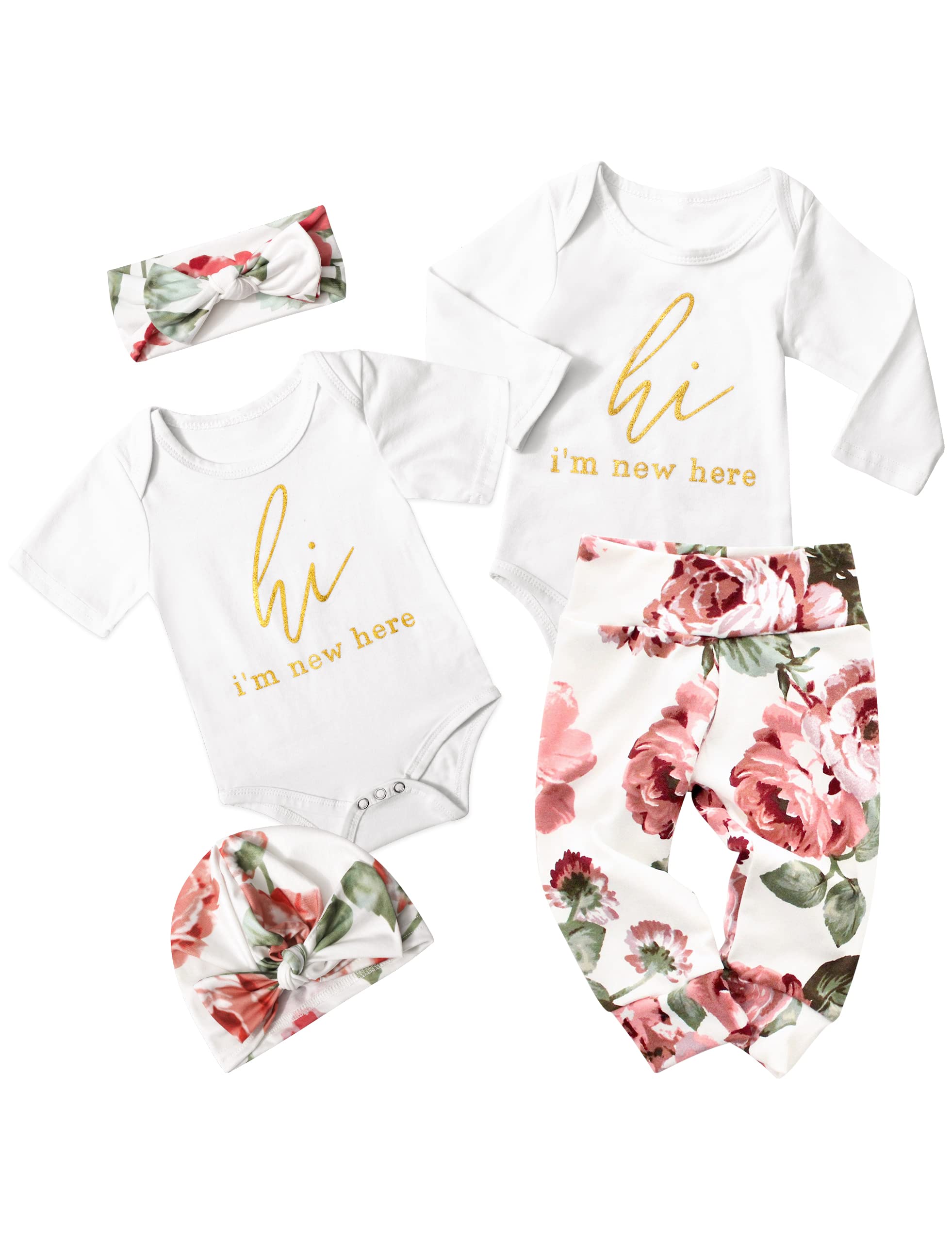 KANGKANG Baby Girl Clothes Hi I'm New Here Short & Long Sleeve Romper + Pants + Hat + Headband 5Pcs Set Newborn Girl Clothes