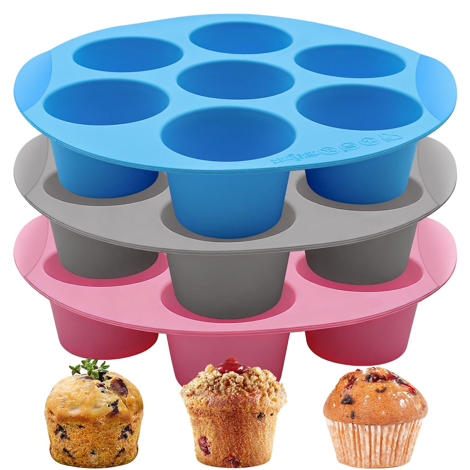 YuleNova 3Pcs Silicone Cupcake Tray, 7 Cup Deep Silicone Muffin Tray, Silicone Egg Bite Molds, Non-Stick Silicone Muffin Pans for Air Fryer, Oven Baking