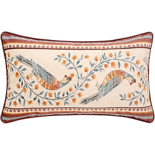 patdrea Designer Vintage Throw Pillow Covers 12"x20",Red Soft Velvet Lumbar Pillows Cover with Birds Floral Pattern,Rectangular Farmhouse Decorative Pillowcases for Couch Bed Living Room Outdoor