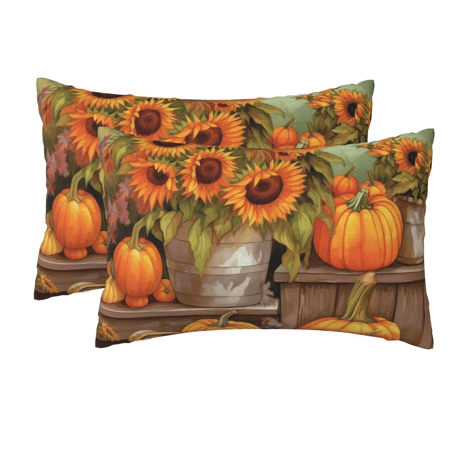2 Pack Queen Pillow Cases with Hidden Zipper, Soft Breathable Pillow Covers for Hair and Skin, Autumn Sunflowers Pumpkins Pillowcases 20"x30" Bed Pillow Protectors Cover for Sleeping Gifts