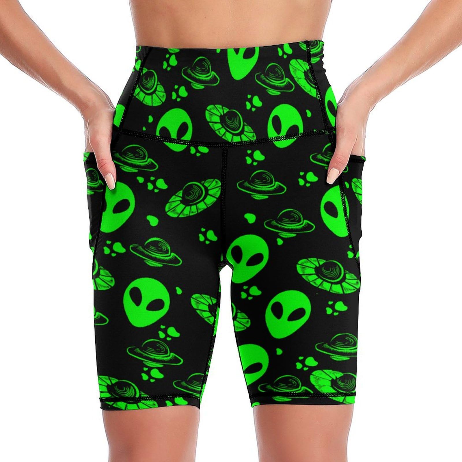 Msokazzles Women's Green Alien Ufo High Waist Workout Yoga Shorts For With Pockets Tummy Control Yoga Leggings Running Gym Biker Shorts, L