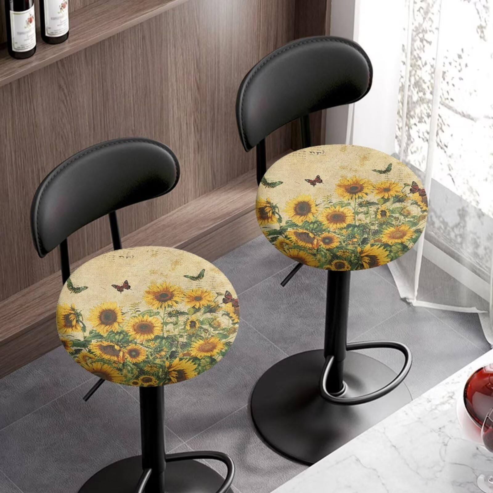 Hwiplsvny Butterfly Sunflower 2 Pack Round Stool Seat Covers Stretchable Round Seat Cushion with Elastic Bands Soft & Easy to Clean Chair Seat Cushion Chair Seat Cover Diameter 12