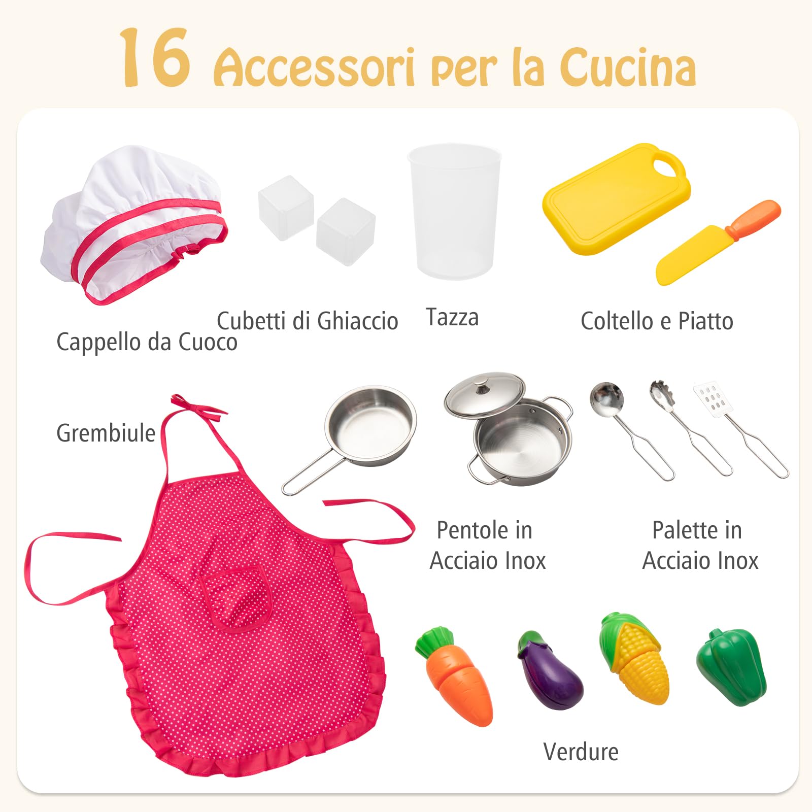 COSTWAY Cucina Giocattolo per Bambini, Cucina Legno per Bambini con Macchina del Ghiaccio, Telefono, Lavatrice, Microonde, Altezza Regolabile, Funzione Luci e Suoni, per 3+ Anni (Naturale)