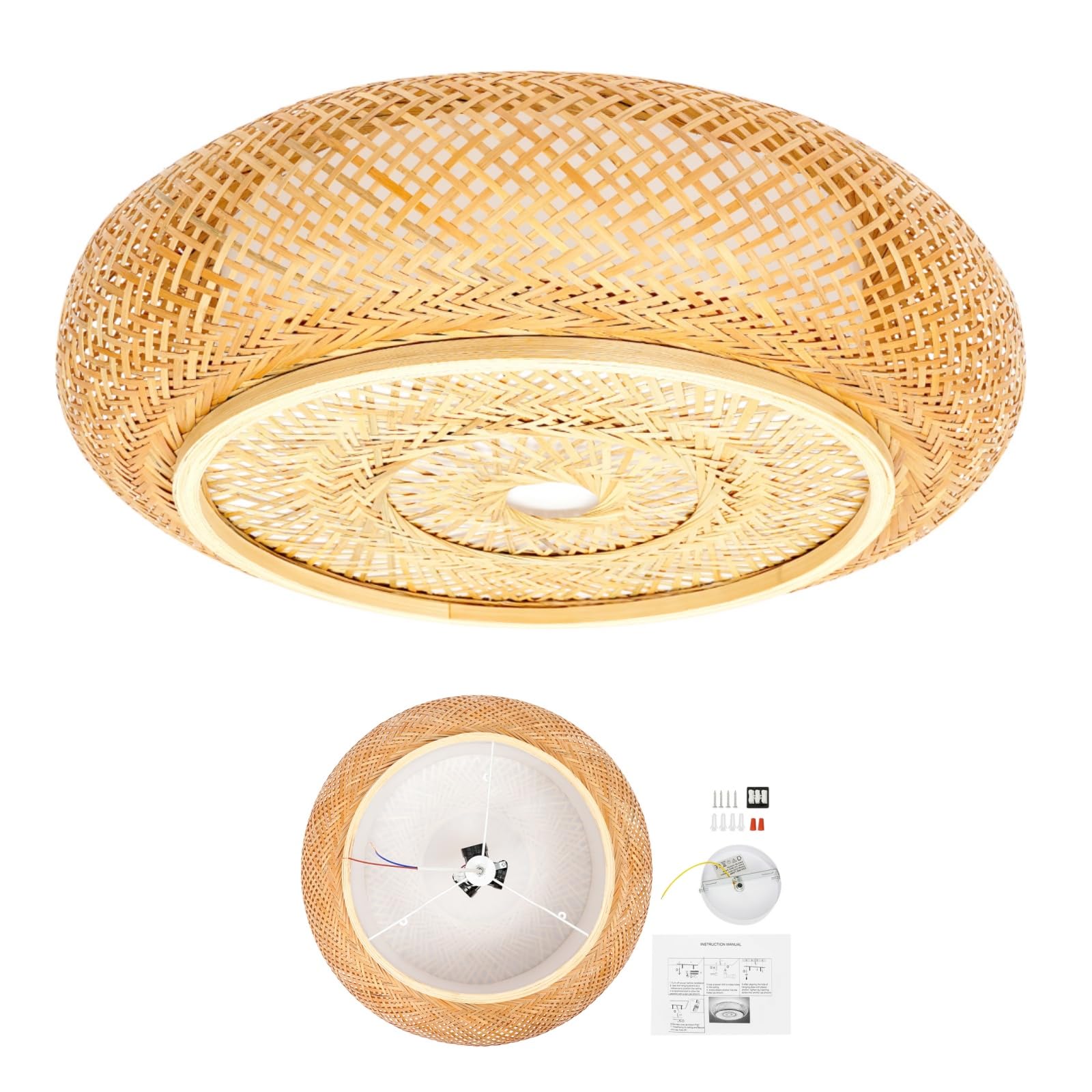 Bamboo Ceiling Light, Handmade Rattan Flush Mount Vintage Pendant Lamp, Natural Woven Lampshade for Living Room, Kitchen, Hallway, Restaurant or Cafe, Modern Ceiling Lighting for Home Decor (50cm)