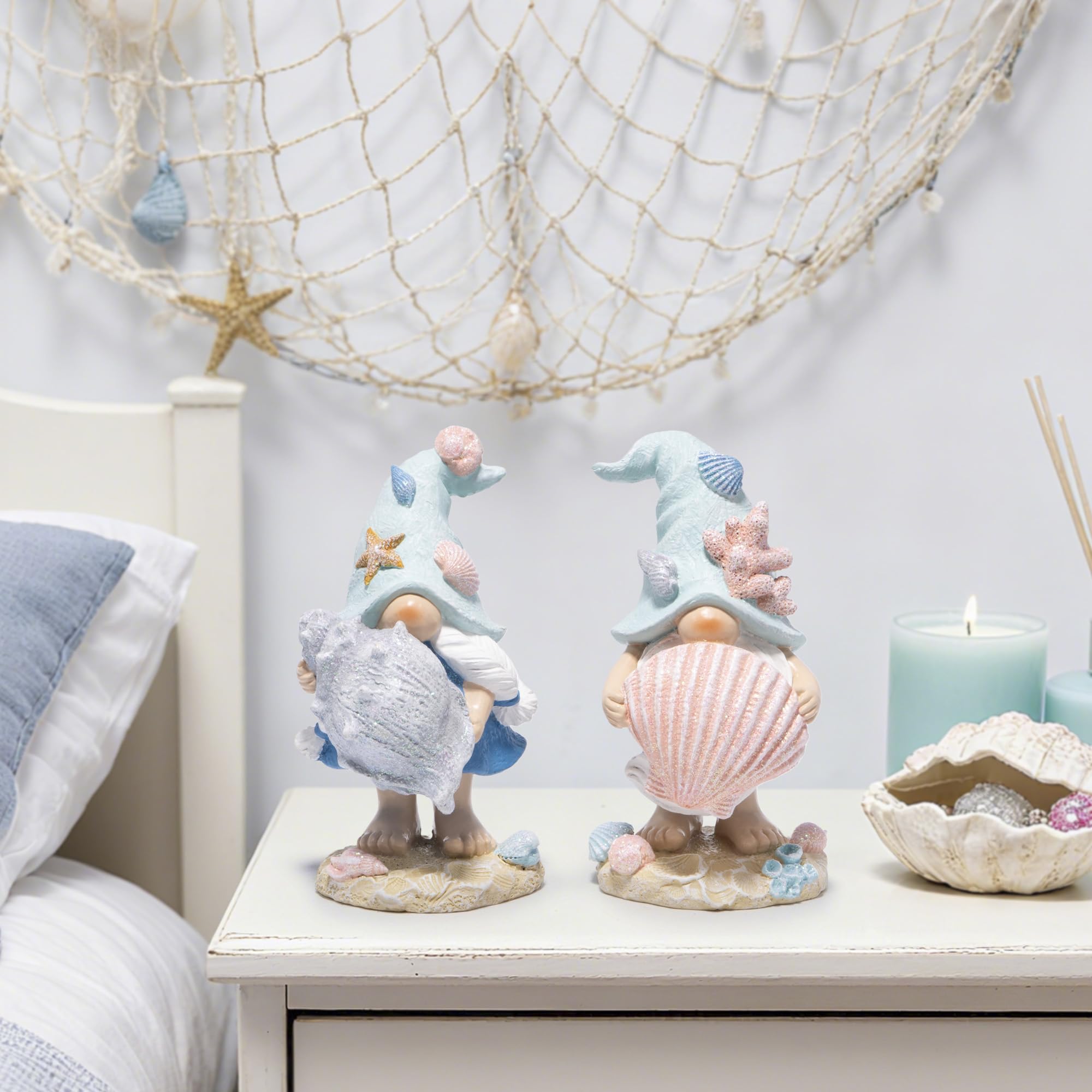 Hodao Ocean Elf Figurines with Seashell & Conch – Coastal Nautical Beach Elf Decor for Coastal Living Room, Ocean Themed Home Tabletop Decoration, Gift for Retirees (Blue-Grey)