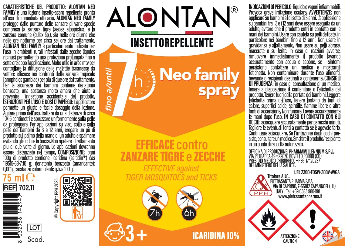 Alontan Spray Neo Family Insettorepellente - 75ml - contro zanzare, zecche, fino a 6 ore di protezione, da usare sopra i 3 anni, presidio medico chirurgico a base di icardina 10%