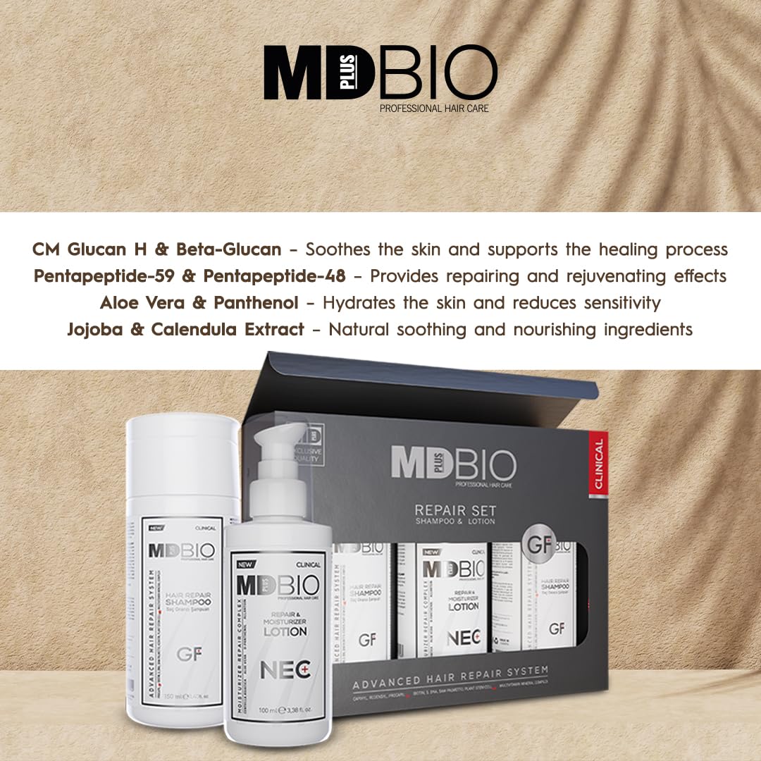 MD PLUS BIO Hair Repair Shampoo & Lotion Set – 2 x 100 ml Shampoo + 100 ml Leave-In Lotion, Sulfate-Free Scalp Care System for Thinning Hair Appearance, Supports Stronger, Fuller-Looking Hair