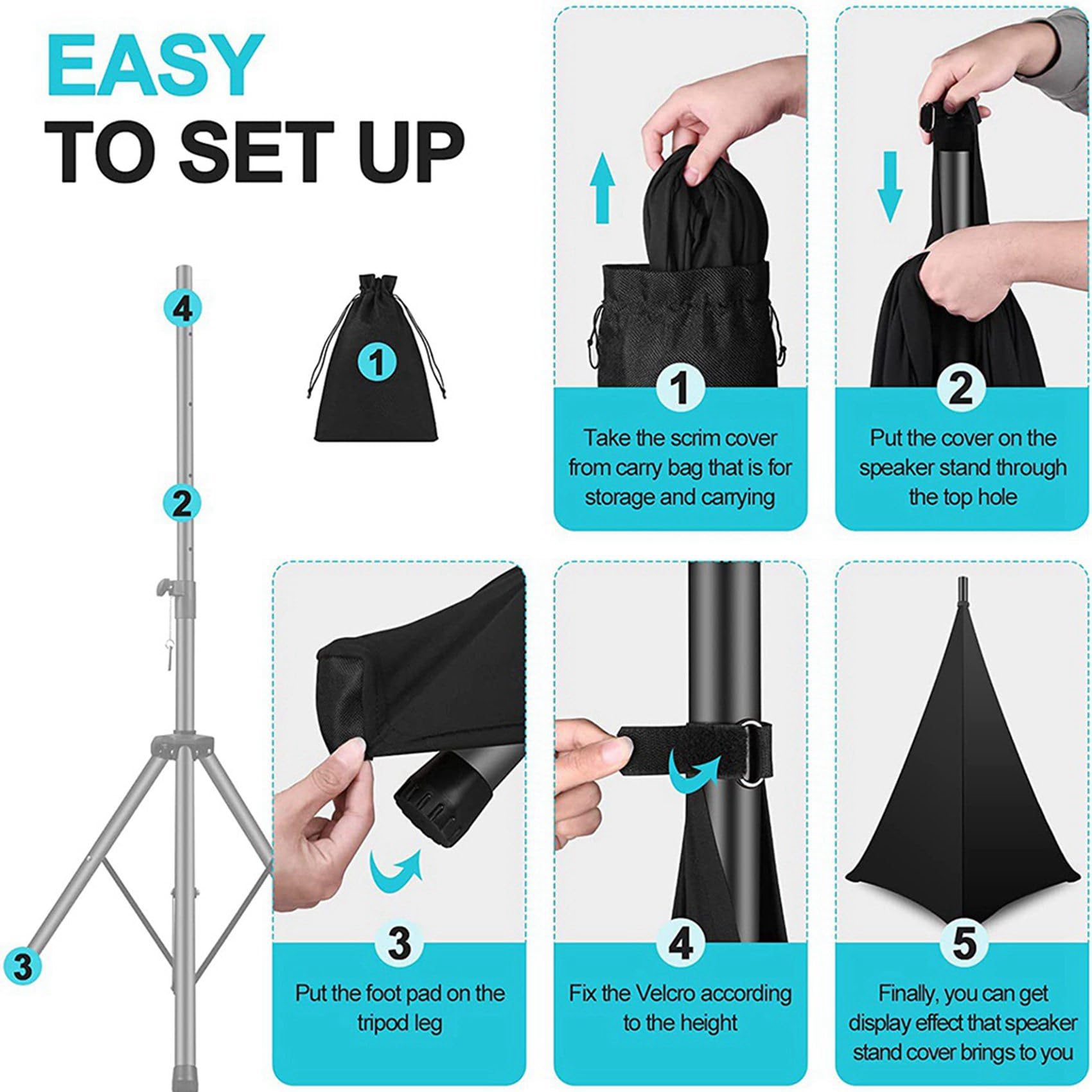 Pack 4 Fundas Para Soporte De Altavoz DJ Con Bolsa De Transporte | Cubierta De Tela 360° | Ocultación De Cables | Efecto De Luz Mística