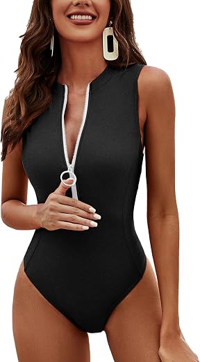 Charmo Women One Piece Swimsuit Zipper High Neck Full Coverage Racerback Rash Guard Swimwear 80s 90s