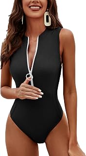 Zipper Sporty One Piece Bathing Suits Women High Neck Full Coverage High Cut Rash Guard Swimsuits 80s 90s