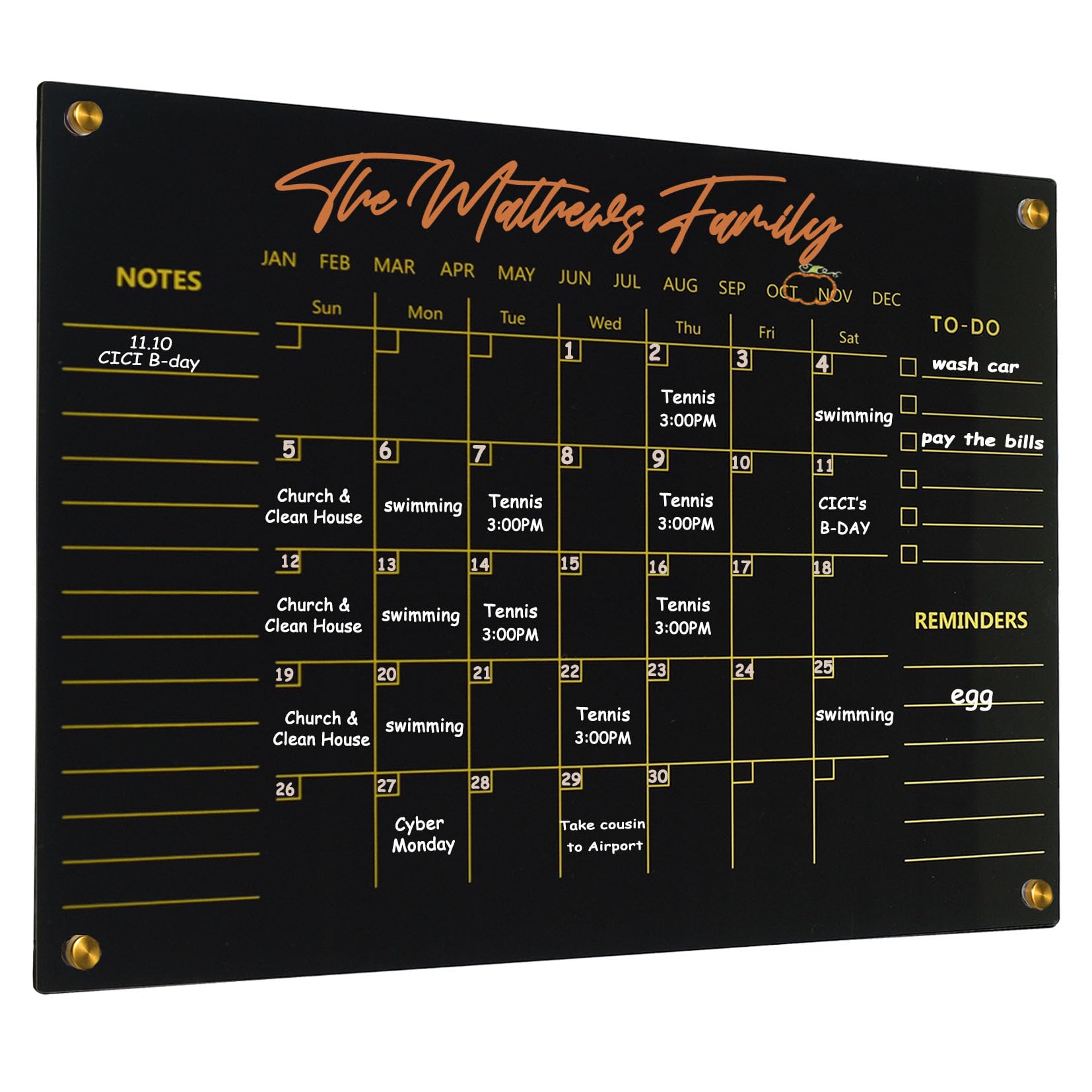 Black Acrylic Calendar Dry Erase for Wall, Family Planner, Monthly Calendar Dry Erase Whiteboard for Home, Office, 24" x 16"Reusable White Board（(