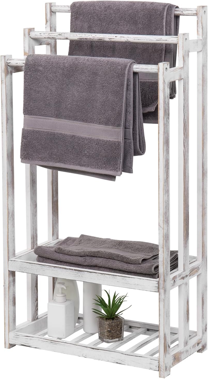 MyGift 3-Tier Free Standing Towel Rack with 2 Bottom Storage Shelves for Bathroom, Blanket Holder Organizer for Living Room, Bath Towel Drying for Laundry, Vintage Gray Wood