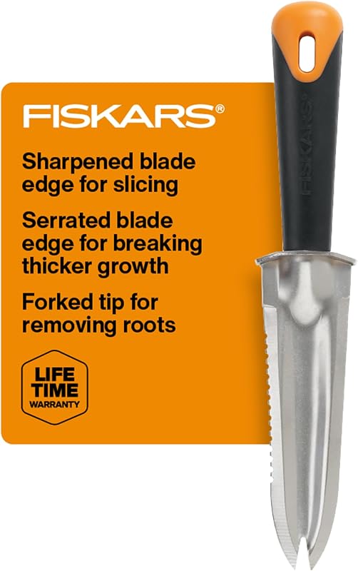 Fiskars Cuchillo de jardín de acero, herramienta multiusos para jardinería y jardín | Úselo para tareas como cavar, deshierbar y plantar, bordes de hoja afilados y dentados, cabeza de acero enchapada resistente al óxido, mango SoftGrip