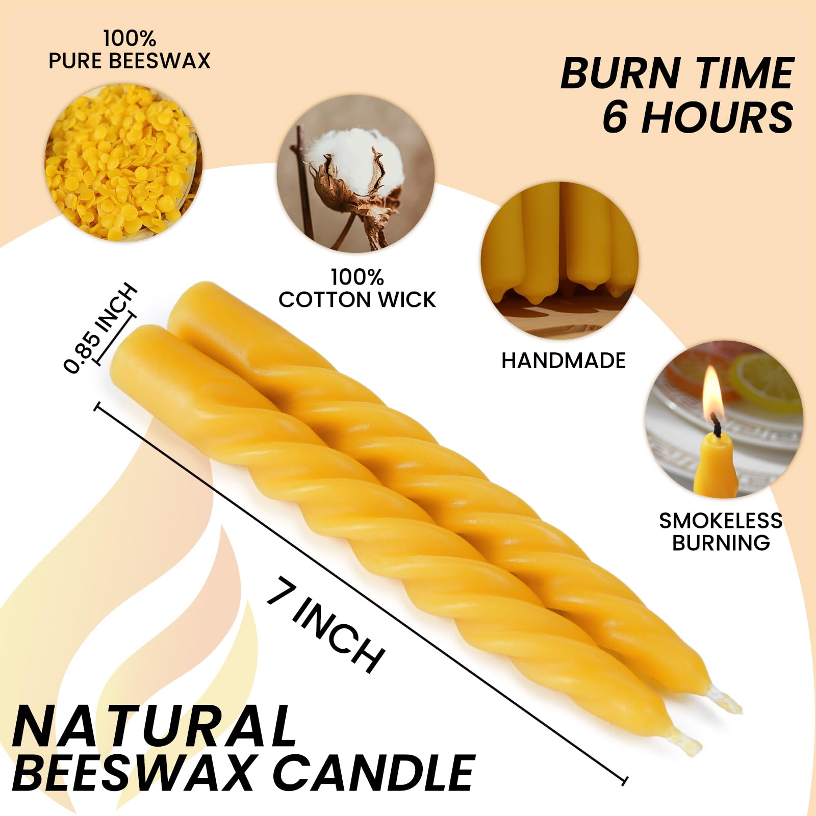 16 velas cónicas en espiral de cera de abeja pura de 7 pulgadas, velas trenzadas, sin goteo y sin perfume para bodas, Navidad, cena, meditación, color amarillo natural