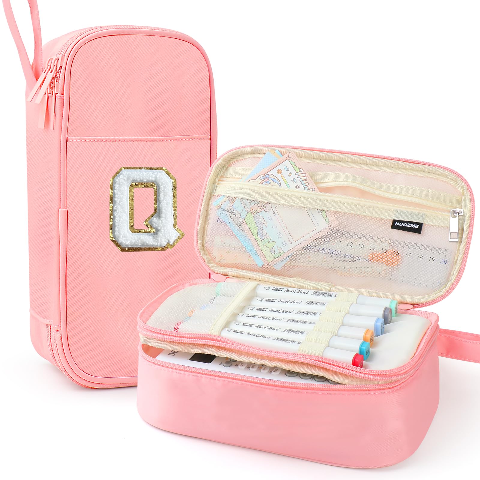 Nuozme Large Pencil Case,Big Capacity Pencil Pouch,Personalized Initial Pencil Bag with Smooth Zipper,Multiple Pockets,Cute Aesthetic Stationery Pen Case Bag for Teen Girls College (Pink, Q)