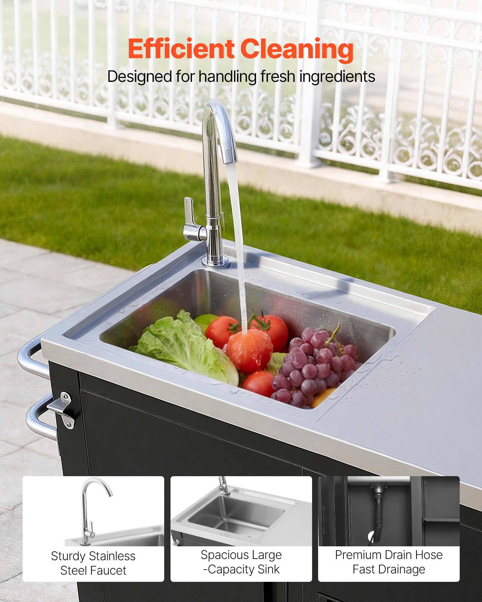 VEVOR Mesa de Barbacoa 965 x 460 x 909 mm Tablero de Acero Inoxidable, Carrito de Cocina con Fregadero, con Ruedas, con Armario de Almacenamiento, con Toallero, para Jardín, Bar, Zona de Barbacoa