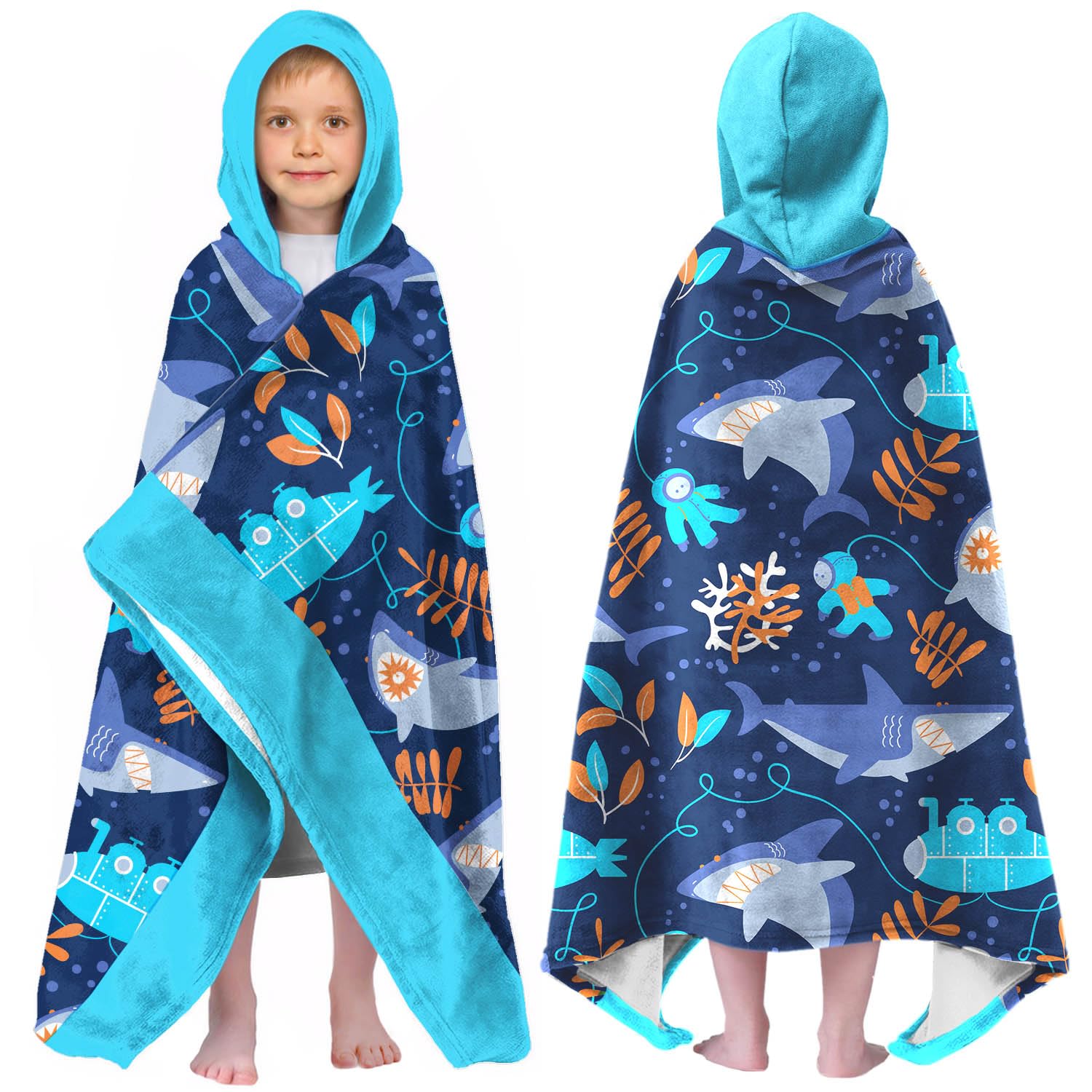 Shark Print Hooded Beach Towel for Boys, 35x60 in Bath Swim Wrap, 02