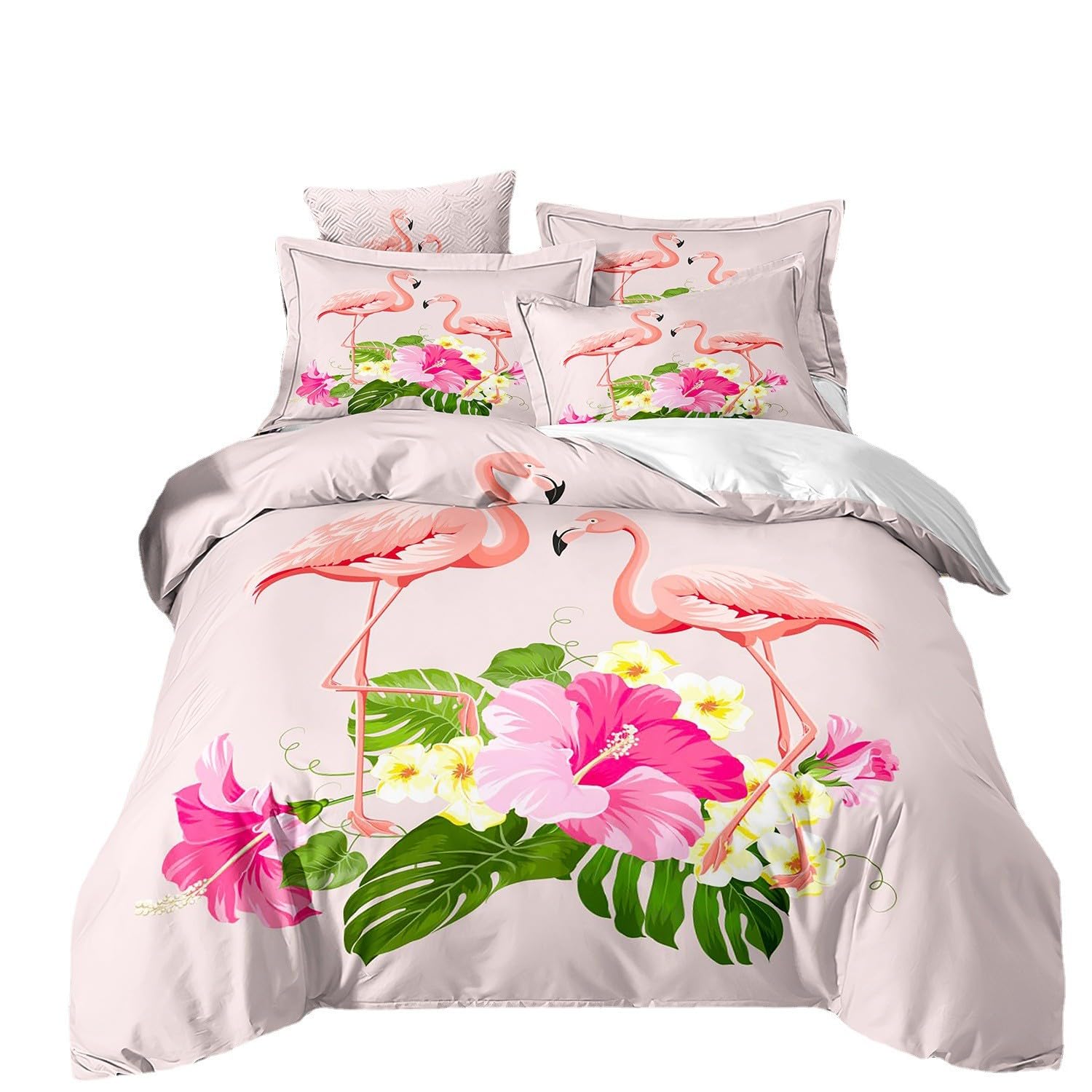 ZZTBQ Flamingo King Bed Duvet Cover and Pillow Cases Set Tropical Animal Green Pink Floral King Bedding for Boys and Girls 230 x 220 cm — image 1
