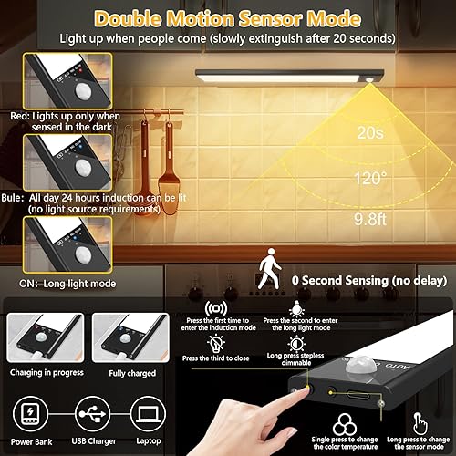 Miniatura 4 de Paquete de 2 luces para debajo del gabinete, sensor de movimiento doble, 11.8 pulgadas, 3 temperaturas de color, luces debajo de la encimera para