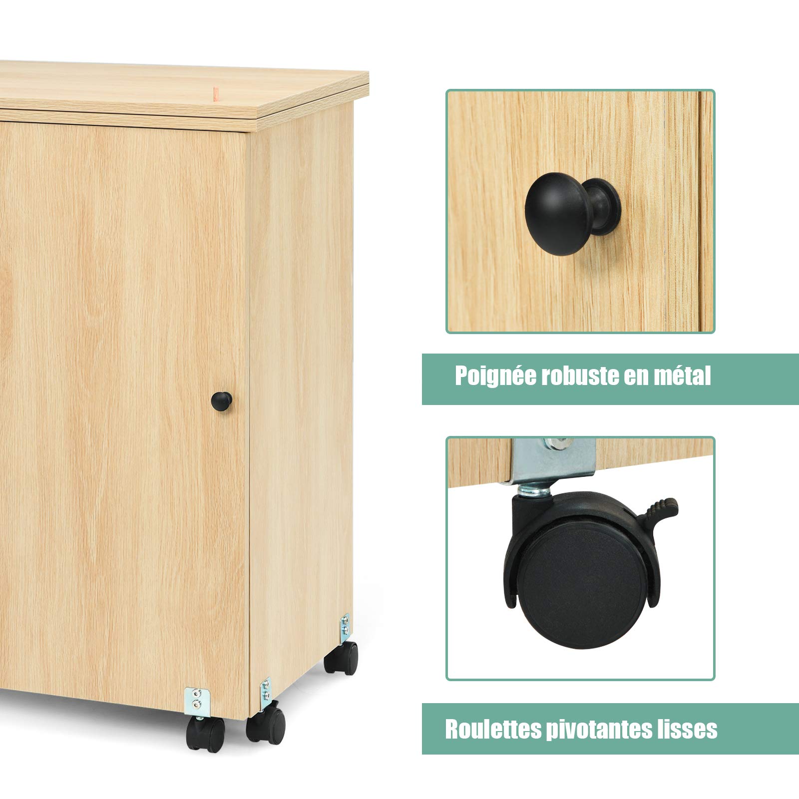 DREAMADE Table de Couture Pliante, Meuble Machine à Coudre en Bois avec 3 Étagères,Bureau Couture avec roulettes, 117X40X78CM (Couleur de Bois)