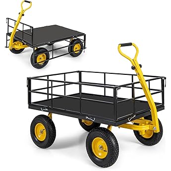 Steel Garden Cart, 2-in-1 900 lbs Heavy Duty Utility Wagon, with Removable Mesh Sides to Convert into Flatbed, 240° U-Turn 10" Pneumatic Tires Garden Wagon for Farm Yard Lawn Garden Camping