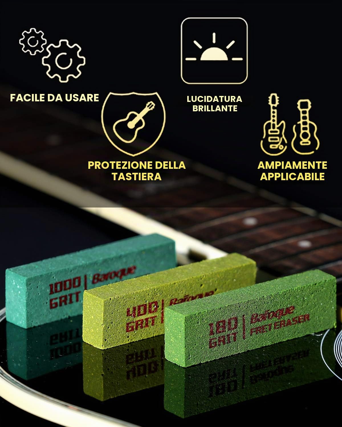 Set di 3 gomme barocche per chitarra, pulizia per la lucidatura dei tasti | kit di strumenti per la pulizia dei tasti, filo per tasti/corda/metallo, set di 3 (grana 180 e 400 e 1000)