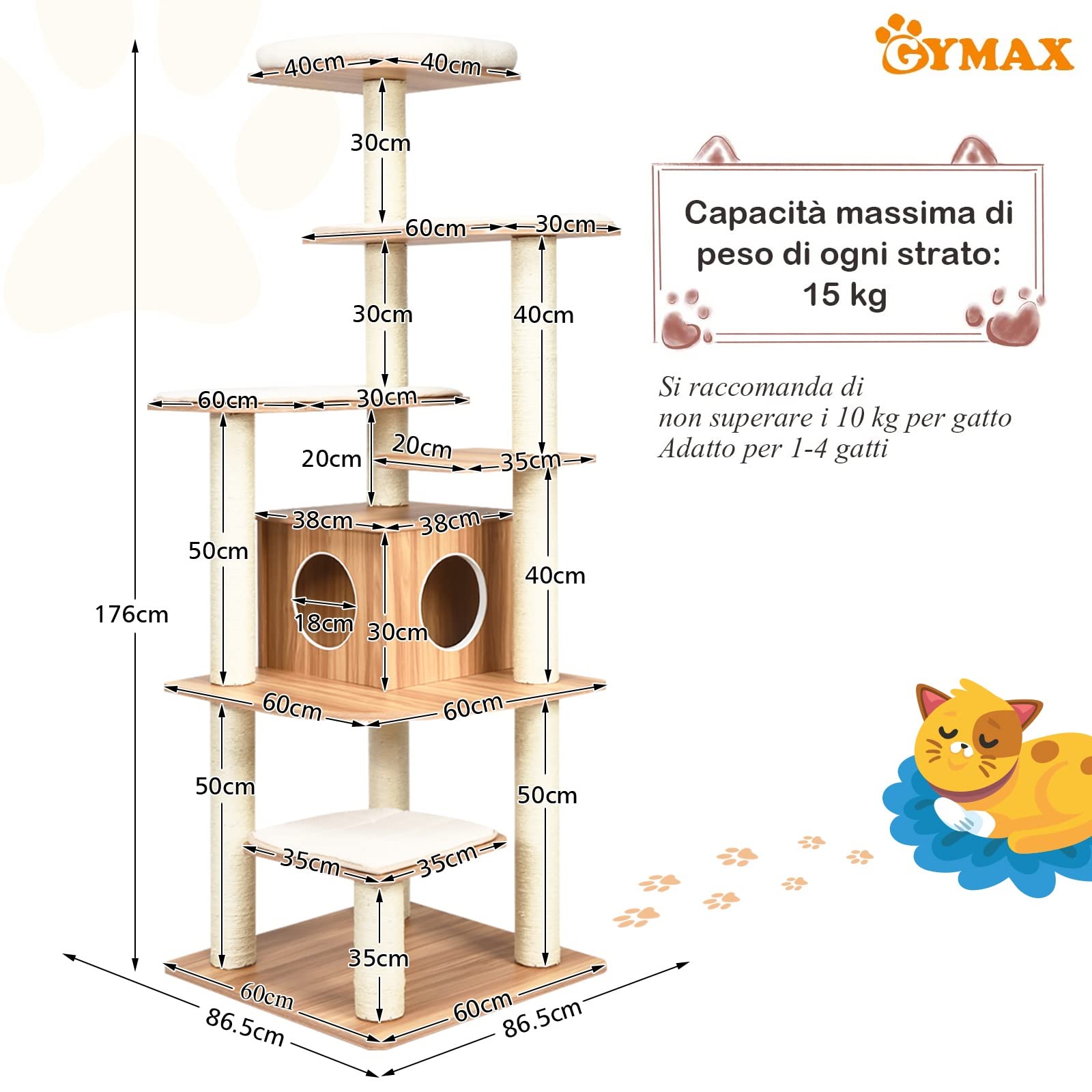 GYMAX Tiragraffi per Gatti, 86,5 x 86,5 x 176 cm, Carico 15 kg, Tronchi in Sisal, Cuscino Rimovibile Lavabile, Ideale per Gatti Grandi Adulti (Beige)