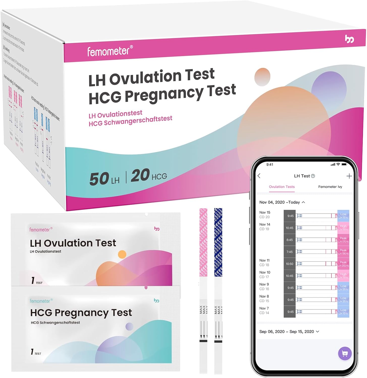 Femometer Home LH & HCG Test Strip Kit 50 Ovulation و 20 Pregnancy Test Strips أكثر من 99٪ دقيق وسهل الاستخدام