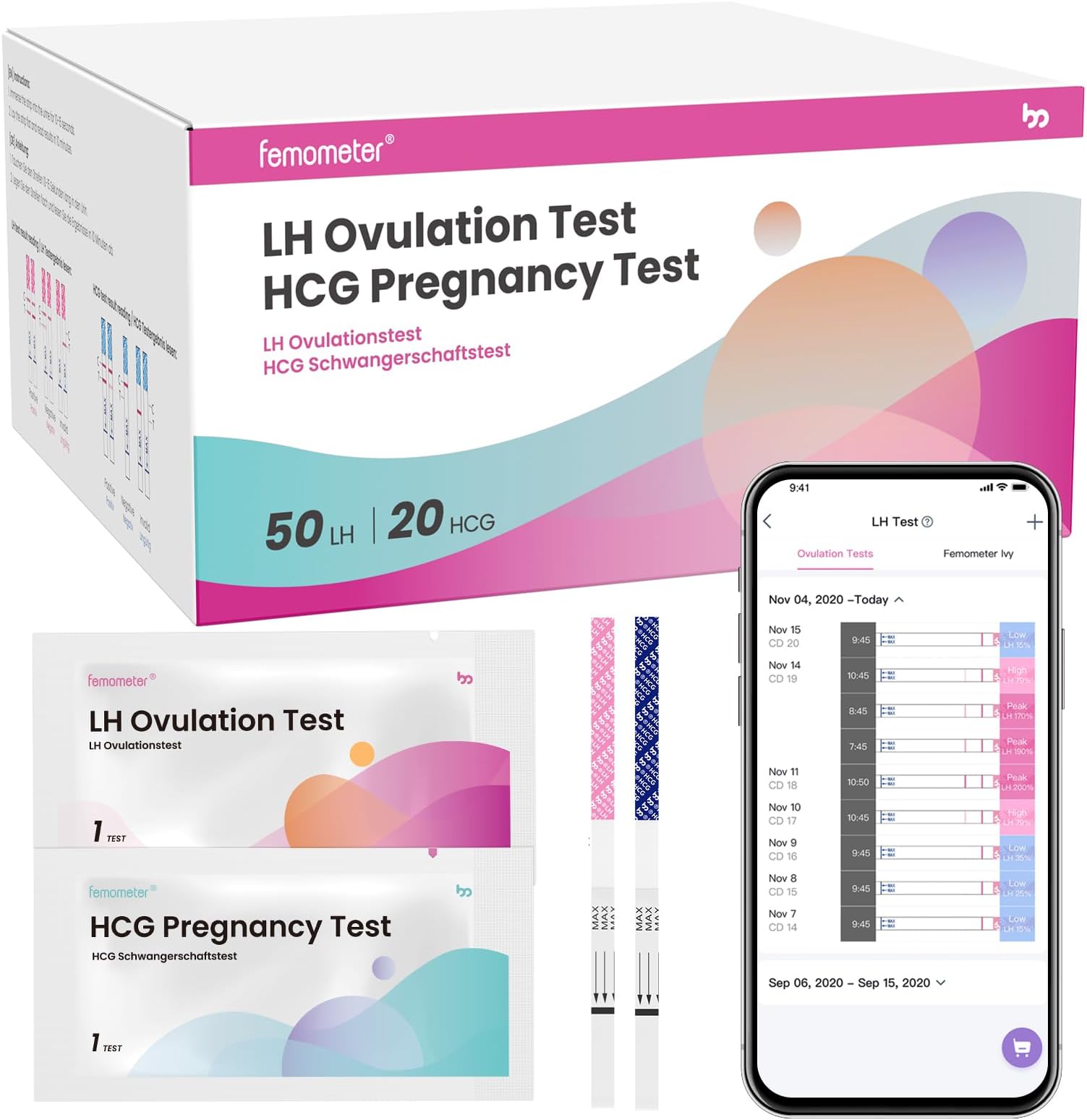 femometer 50 Ovulation Test Strips and 20 Pregnancy Test Strips, Over 99% Accurate & Easy to Use