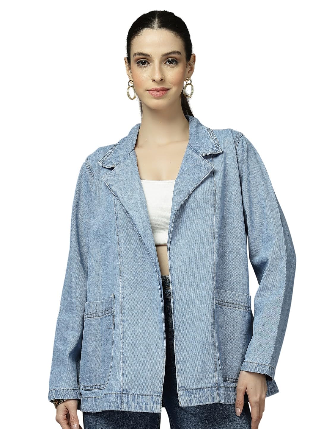 WOMEN NOTCHED LAPEL COLLAR REGULAR FIT DENIM TRENCH COAT-image-38