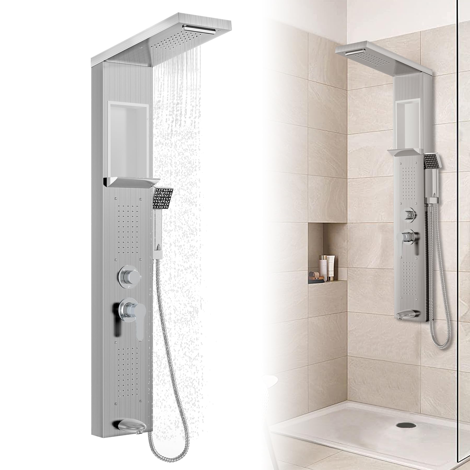 Froadp - Pannello doccia in acciaio inox, sistema doccia a parete con 5 funzioni: doccia a pioggia, con doccetta, doccia massaggiante, doccia a cascata, set doccia completo a colonna (argento)