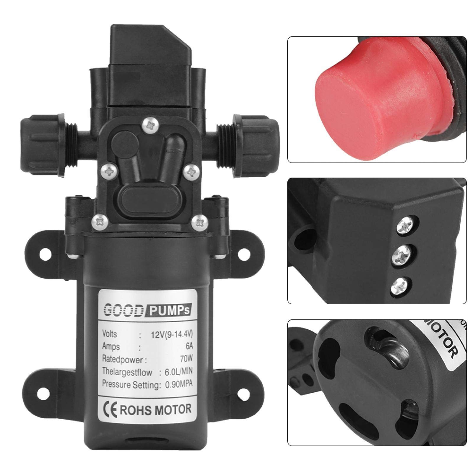 Pompa A Membrana 12V 70W, Pompa A Riflusso Intelligente Ad Alta Pressione Pompa Dell'Acqua per Spruzzatore Elettrico Autoadescante Dc12V 6L/Min, per Roulotte, Barca, Giardino, Industrie