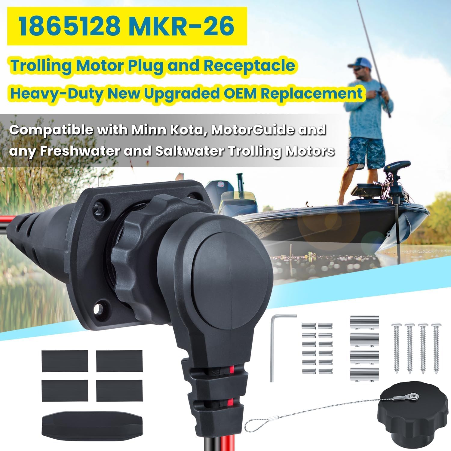 MKR-28 - Connettore e presa motore compatibile con trolling, 60 A, 48 V, sistema impermeabile per acqua dolce e salata, ricambio per Minn Kota 1865120 MKR-26 MKR-25 MKR-24 MKR-18, con supporto