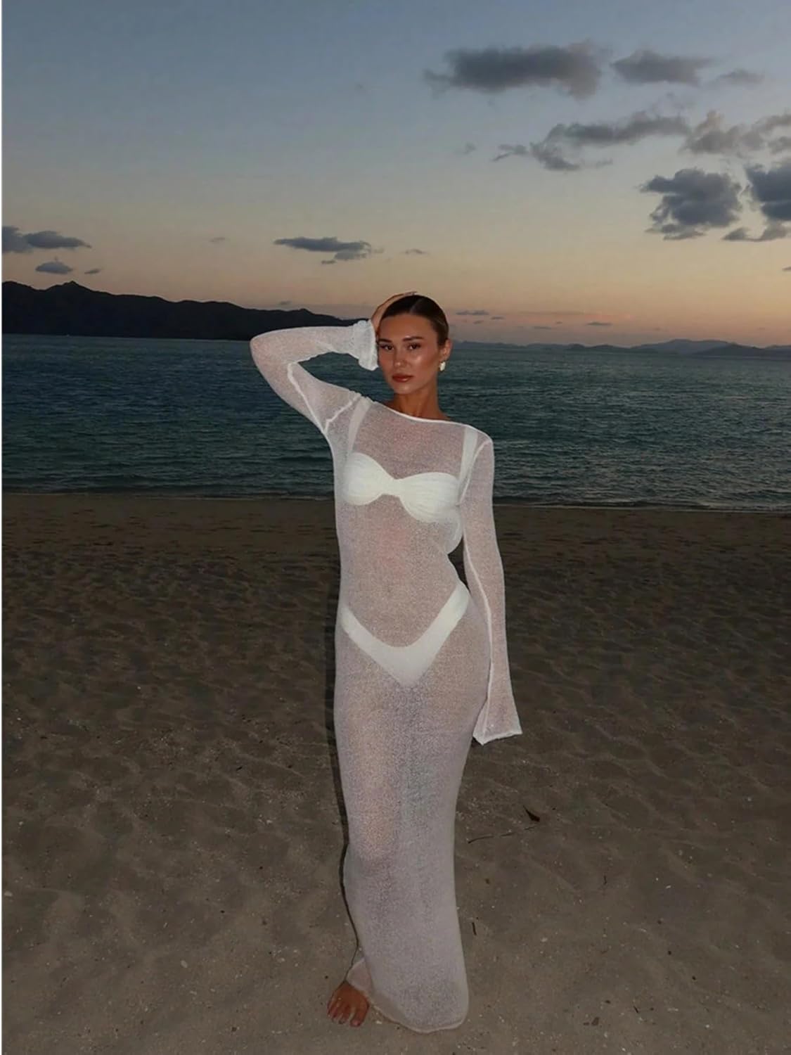 Women Knit Long Sleeve Dress Through Backless Swimsuit Bikini Cover Up Beach Swimwear cover ups for swimwear