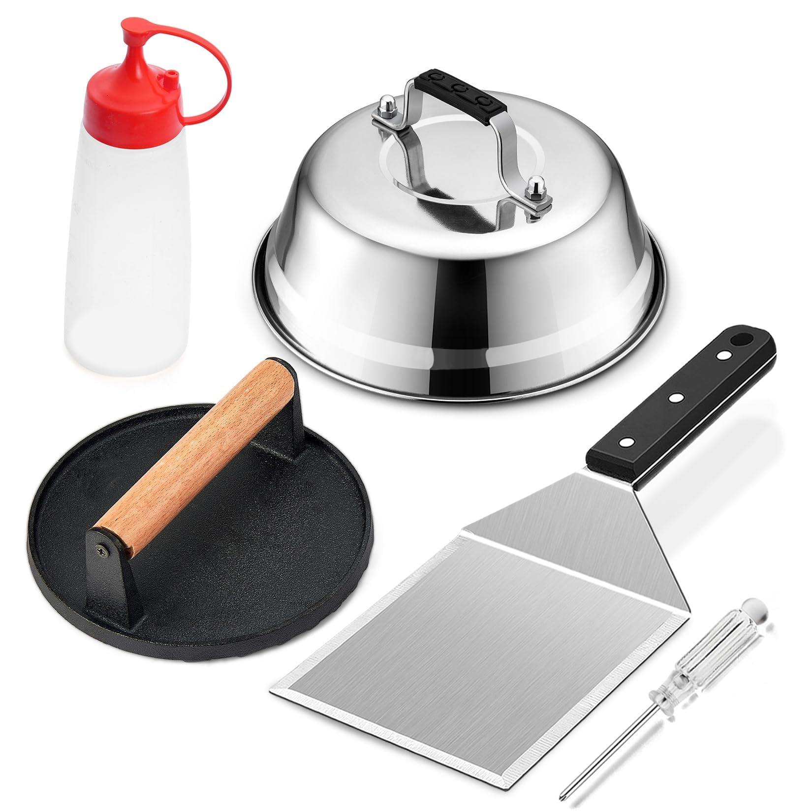 Griddle Accessories Smash Burger Kit (5Pcs), Joyfair Grill Spatula with 9in Melting Dome & Bacon Press Set, Stainless Steel Turner, Basting Cover, Cast Iron Press for Outdoor BBQ (ABS Handle)