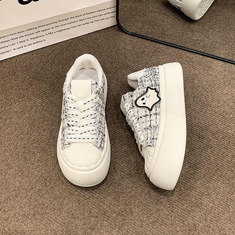 Kawaii Shell Toe Cute Sneakers - Ghost Pattern & Tweed Checkered Chunky Lug Sole Platform Shoes, Comfy White Women & Girls Trainer for Hiking, Beach Travel, Back to School (Y2K Chic, Retro-Modern)2