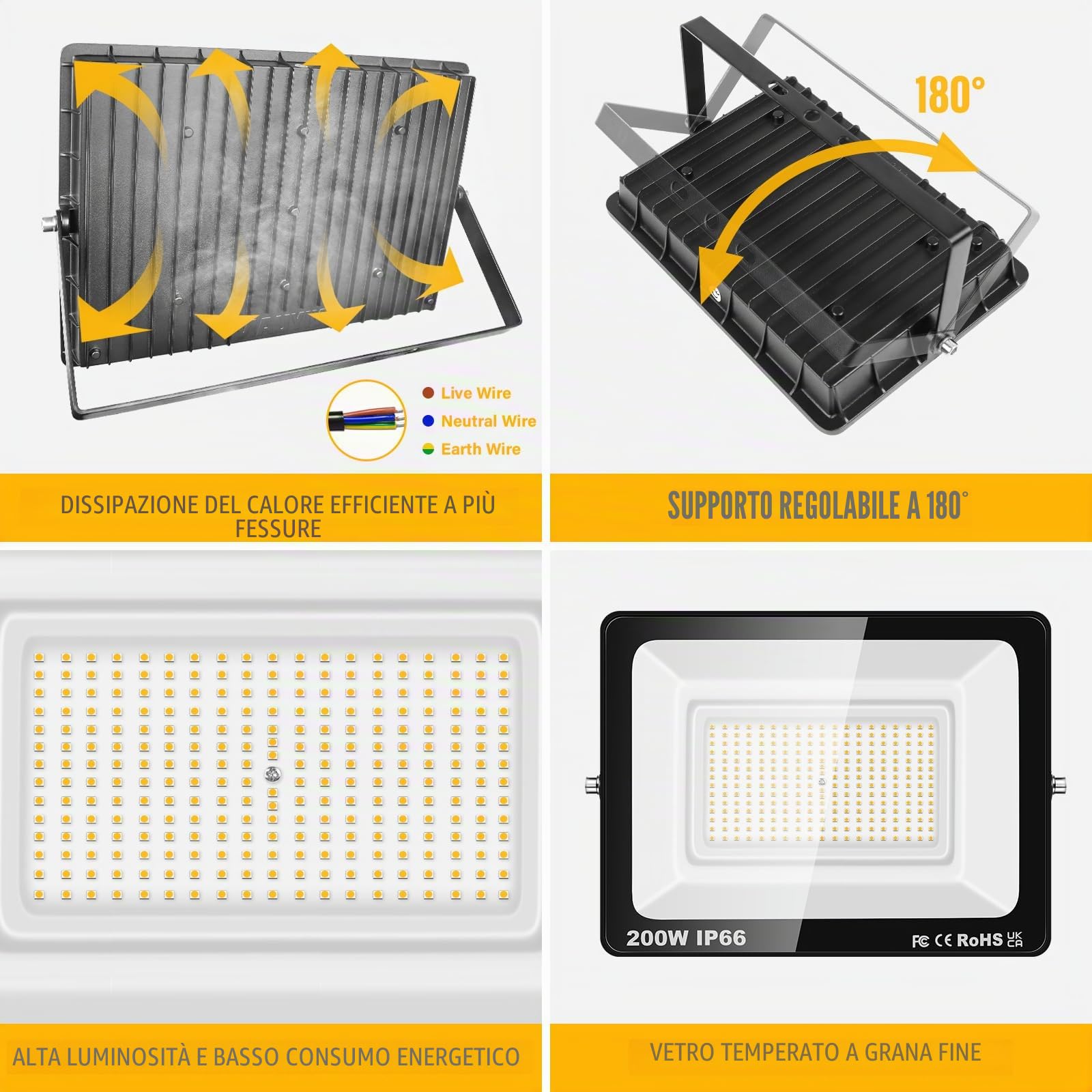 SKYWORLD 200W Faretto Led da Esterno, 20000LM 3000K Luce Bianca Naturale | Proiettore Faretti da Esterno, IP66 Impermeabile Fari di Sicurezza per Giardino Cortile Terrazza Patio Garage Piazza Officina