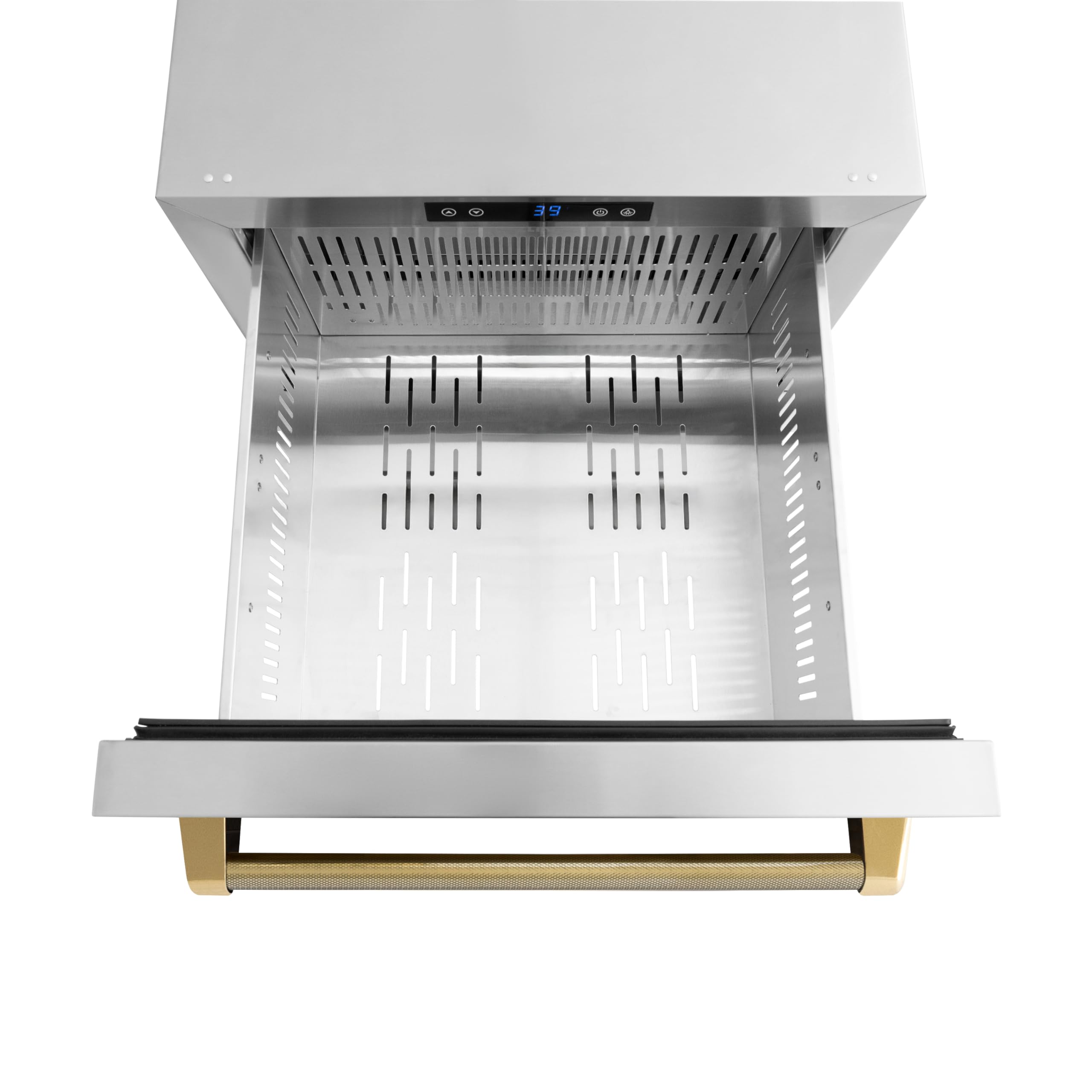ZLINE Autograph Edition 24 In. Touchstone 168 Can Outdoor-Rated Dual Refrigerator Drawer With Stainless Steel Doors And Polished Gold Helix Handles (Rdsoz-St-24-Kg) on Fridge.com - View 4