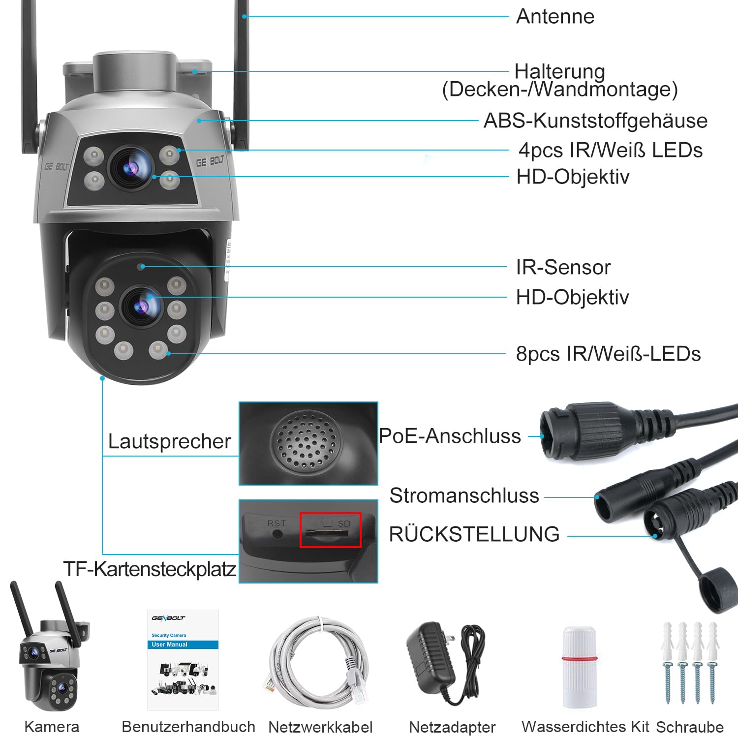 GENBOLT Dual Objektiv WLAN Überwachungskamera Aussen, PoE IP Kamera Outdoor | 2,4/5GHz, Automatische Verfolgung, Personenerkennung, 2-Wege-Audio, PTZ, 24/7-Aufzeichnung, Farb-Nachtsicht, IP66