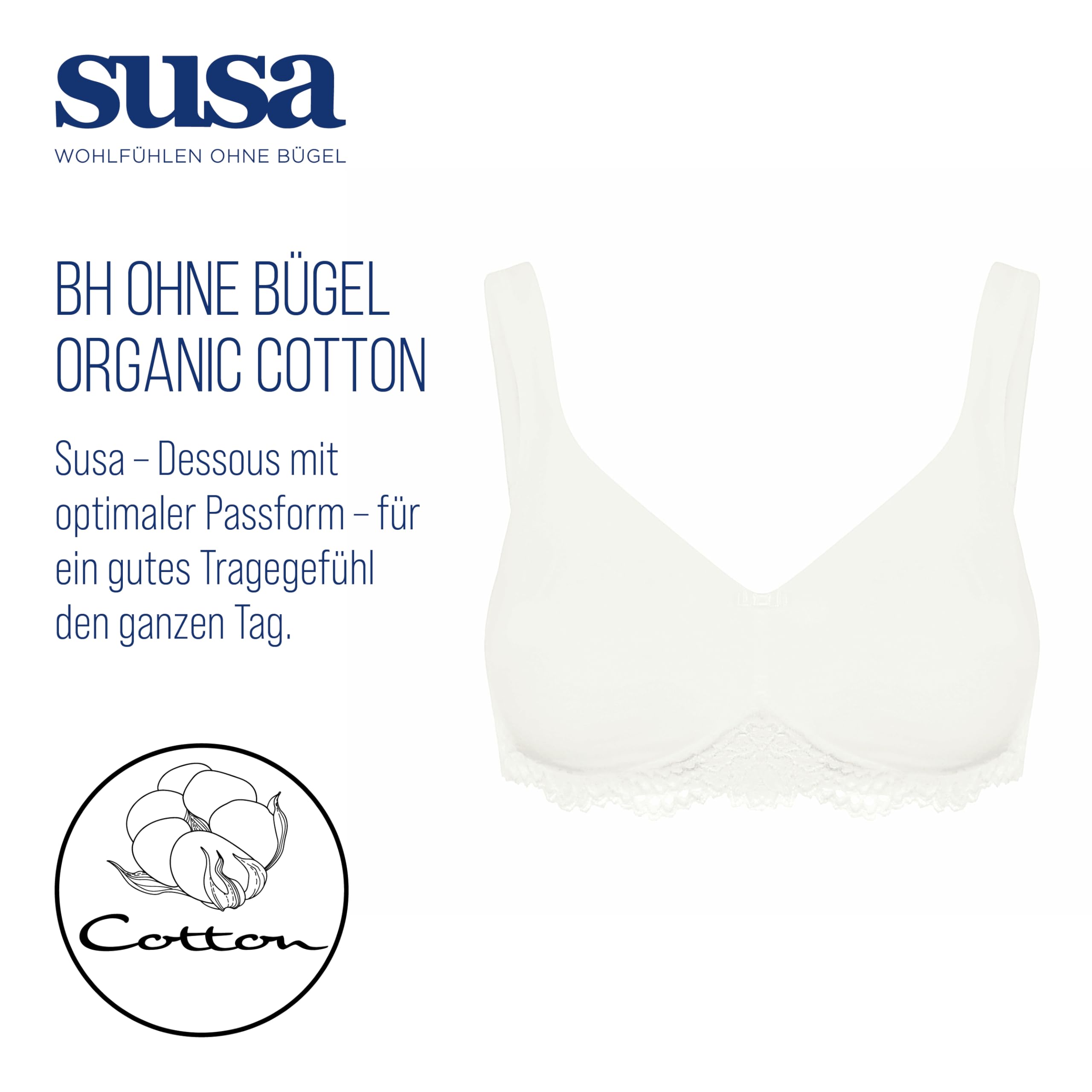 Susa Damen Damen BH Ohne Bügel Gemoldet Organic-Cotton Bügelloser BH