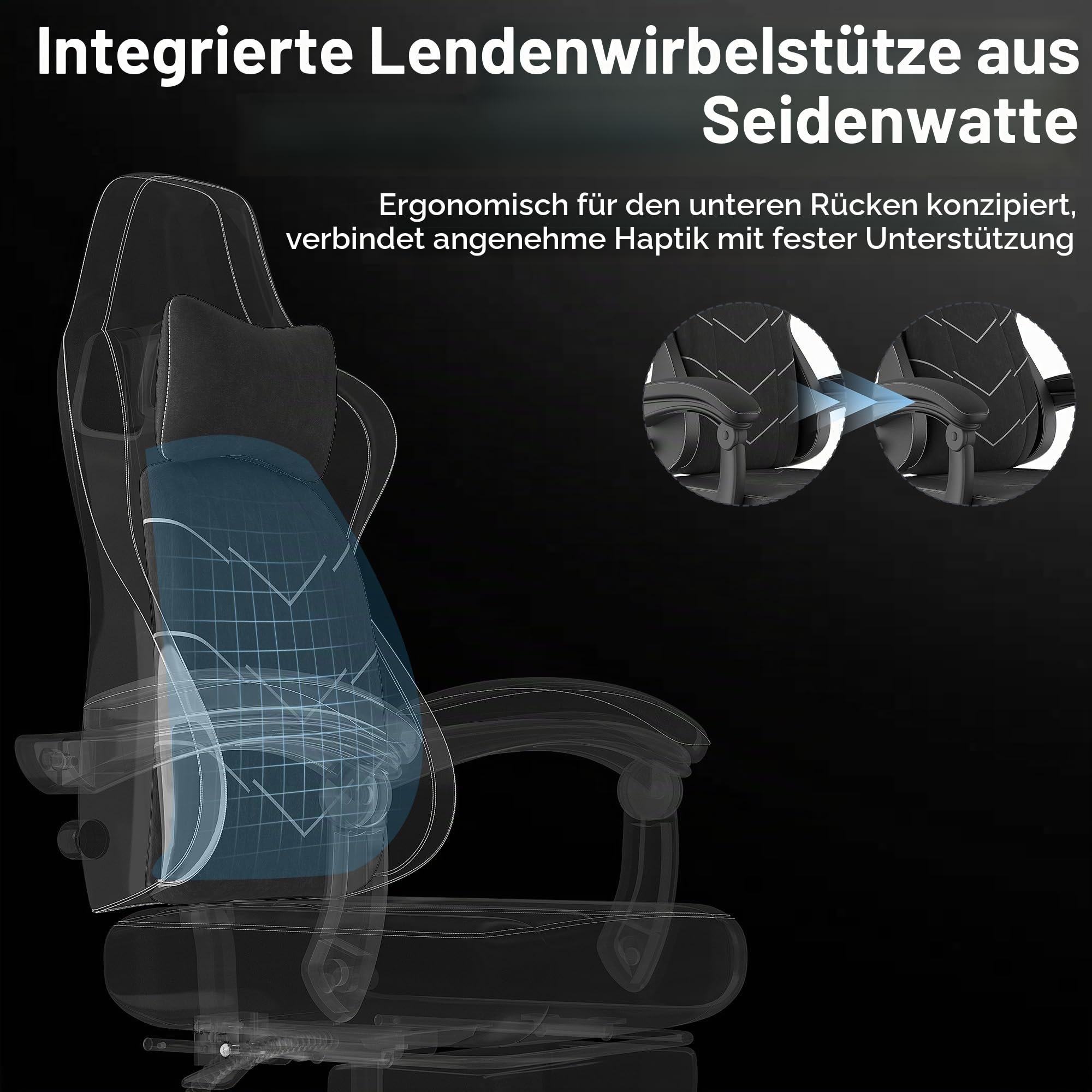Devoko Gaming Stuhl mit Fußstütze, 2D Armlehnen Ergonomischer Bürostuhl 200kg Belastbar, 52cm Extra Breite Sitzfläche, Atmungsaktiver Stoff Schreibtischstuhl mit Lendenwirbelstütze,Schwarz