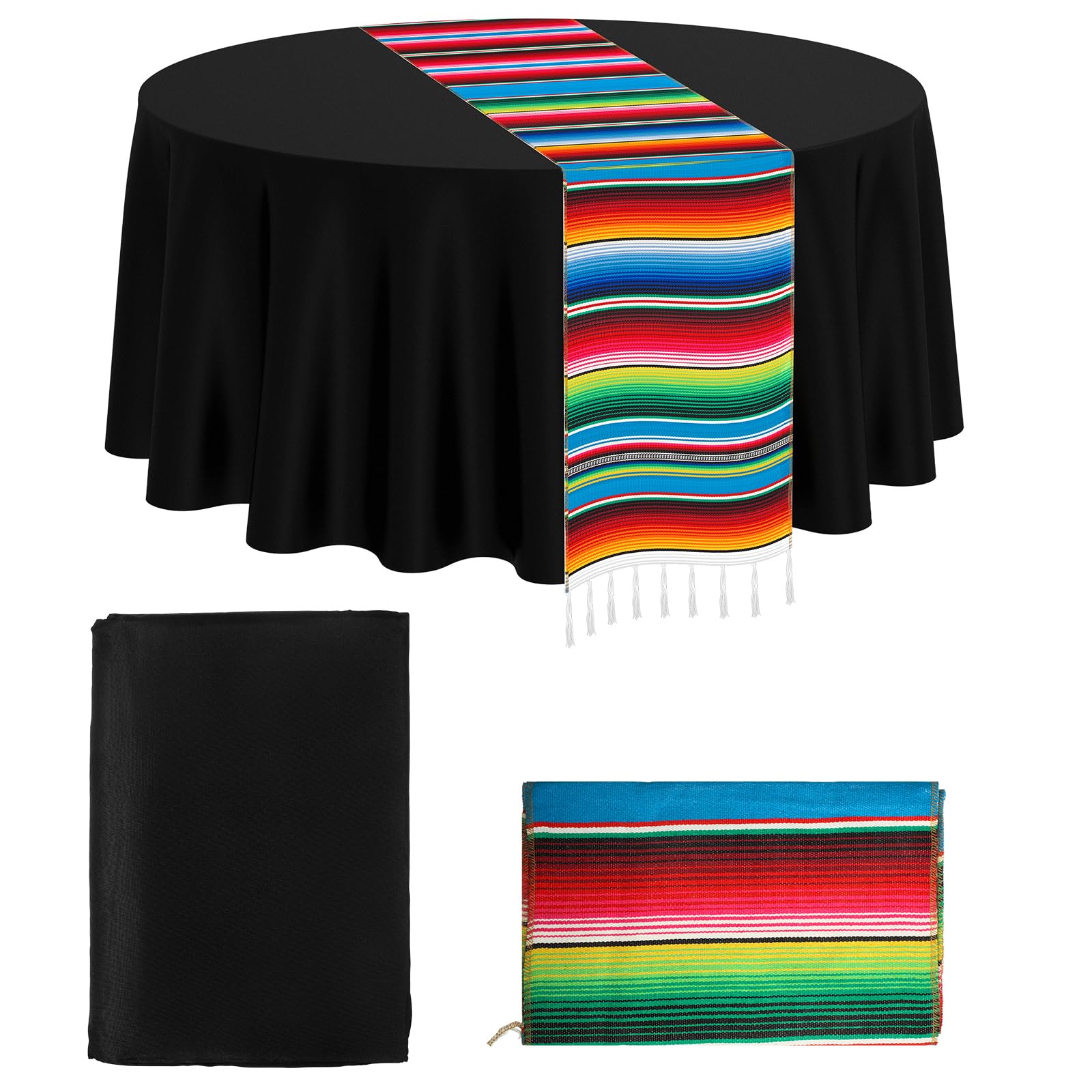 2 Pcs Mexican Serape Tablecloth Table Runners with 14 x 108 Inch Mexican Blanket and 84 Inch Round Tablecloth for Fiesta Party Decor (Black)