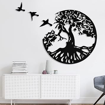 LZAOA 3D Tree of Life Wall Art, Black Metal Wall Decorative Art with 3Pcs Birds for Living Room, Bathroom, Kitchen 18 inch