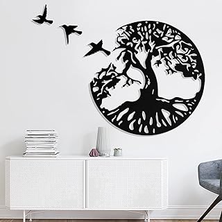 LZAOA Tree of Life Metal Wall Art with 3Pcs Birds,4Pcs Black Metal Wall Decorative Art with 3Pcs Birds for Living Room, Bathroom, Kitchen (12 inches Black)