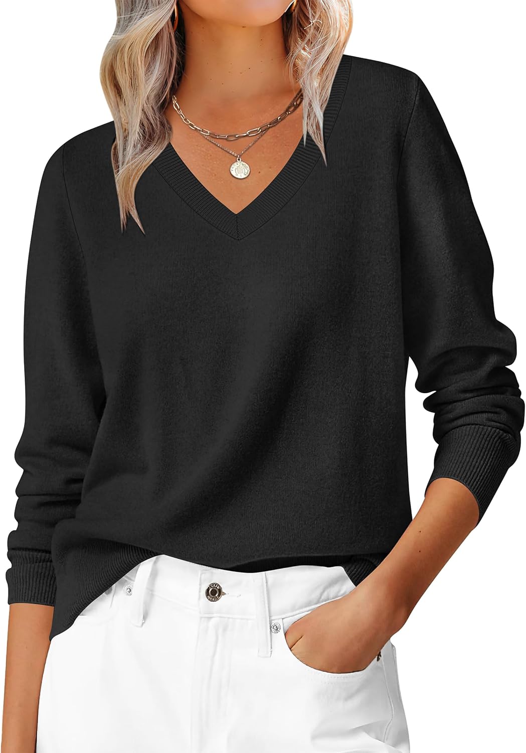 ANRABESS Womens Long Sleeve V Neck Sweaters 2025 Fall Casual Classic Soft Loose Fit Basic Pullover Jumper Top Black X-Large