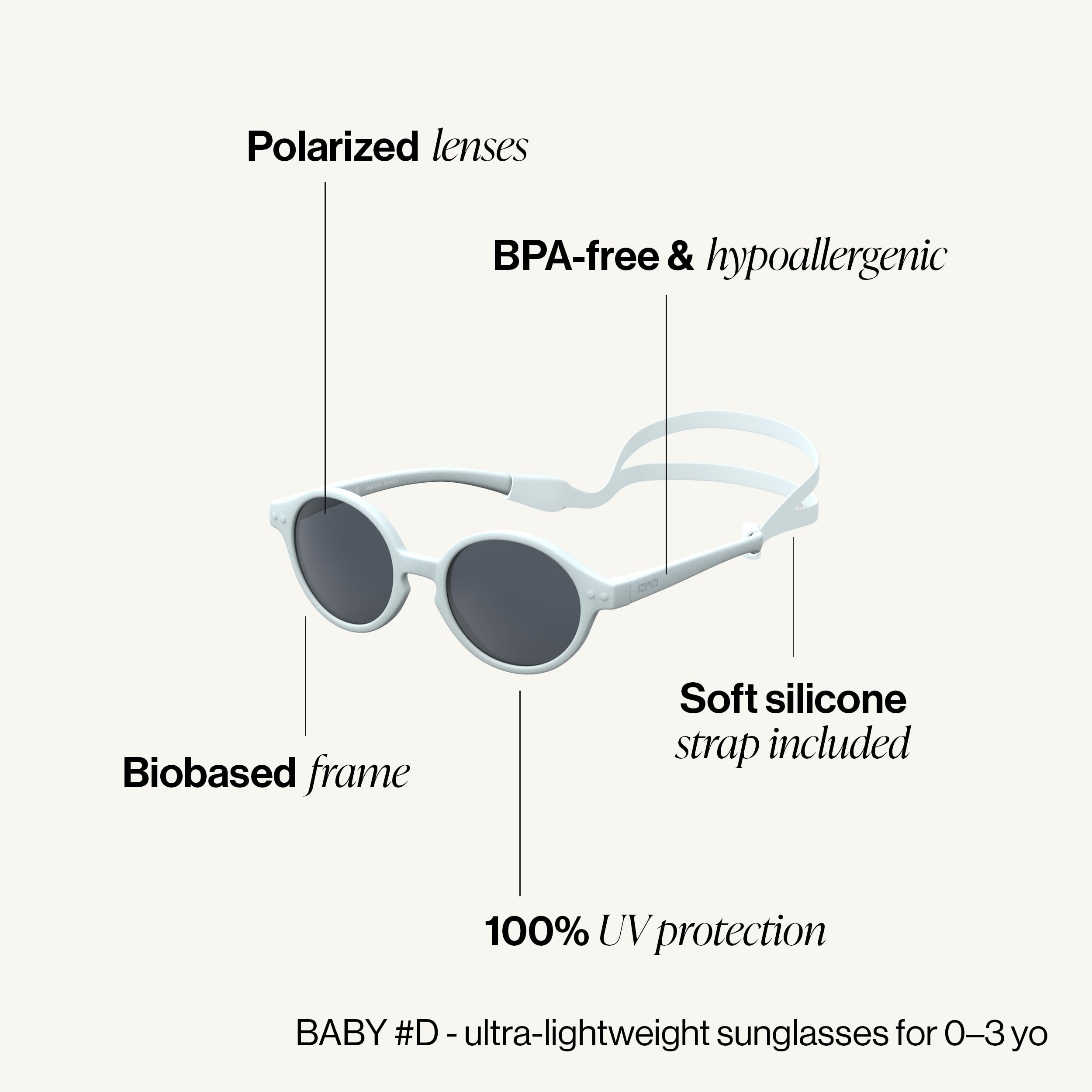 IZIPIZI Okulary przeciwsłoneczne Baby #D Pantos dla dzieci w wieku 0-3 lat, 100% ochrona przed promieniowaniem UV, polaryzacyjne szare soczewki