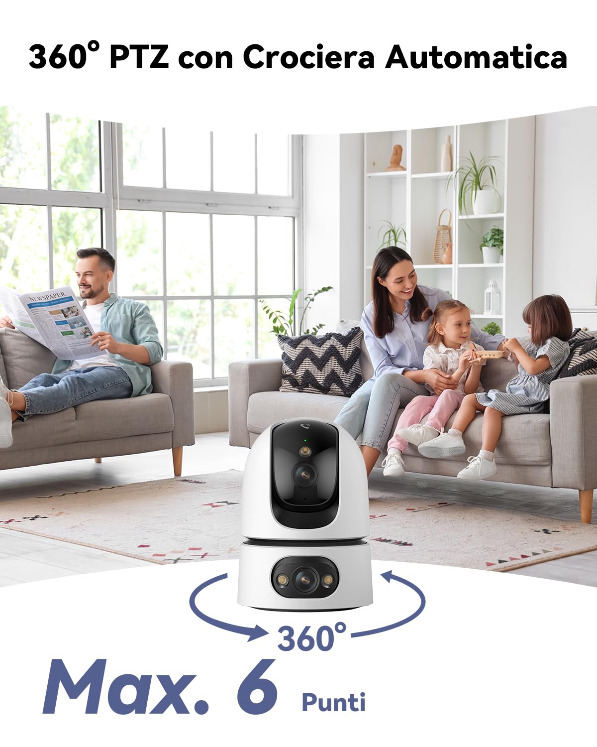 Imou 4K(4MP+4MP) Telecamera WiFi Interno con Doppia Lente, 360°Copertura | 5/2,4Ghz, con un Tocco di Chiamata, Rilevamento Umano/Animali, Tracciamento Intelligente, Visione Notturna a Colori