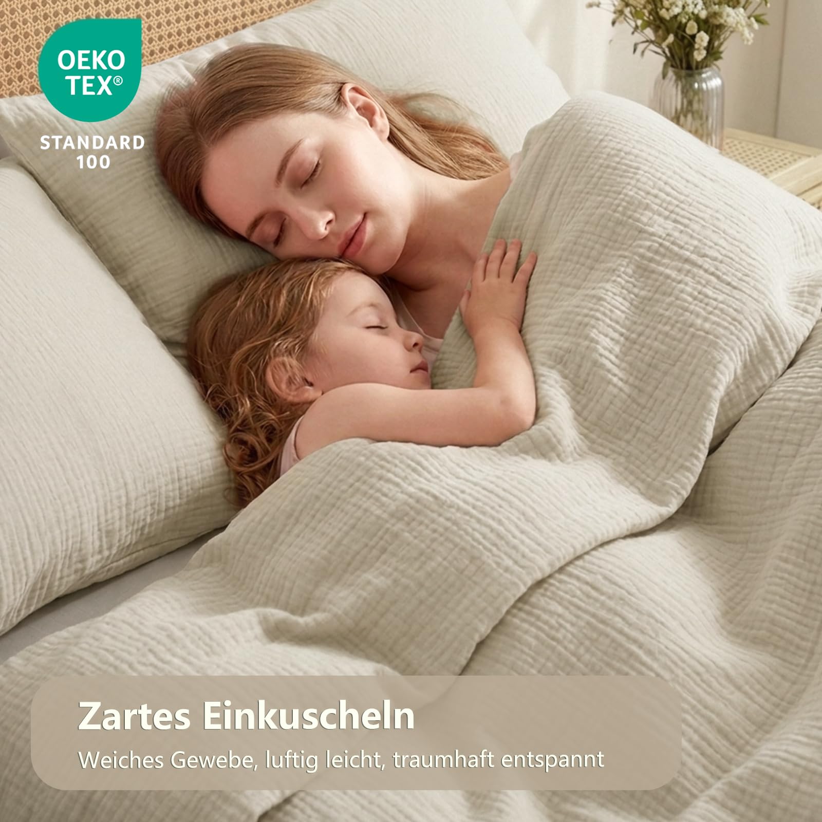 RUIKASI Musselin Bettwäsche 135x200 4teilig - Oeko-TEX Baumwolle Bettwäsche-Sets Beige mit Reißverschluss, atmungsaktive Sommer Bettbezug mit 2 Kissenbezüge 80x80 cm